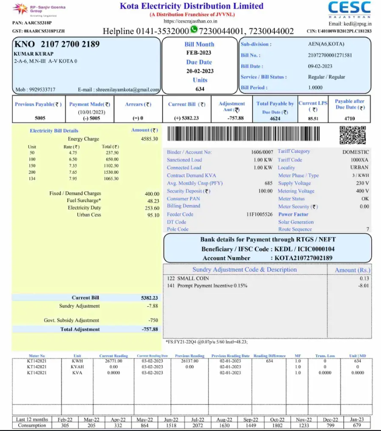 INDIA KOTA ELECTRICITY utiity bill Word and PDF template